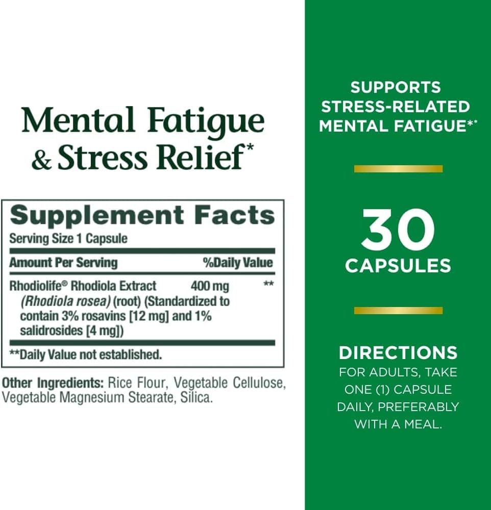 Nature's Bounty Fatigue mentale et soulagement du stress, Supplément Rhodiola, 400 mg, Capsules, 30 Compte (paquet de 2)