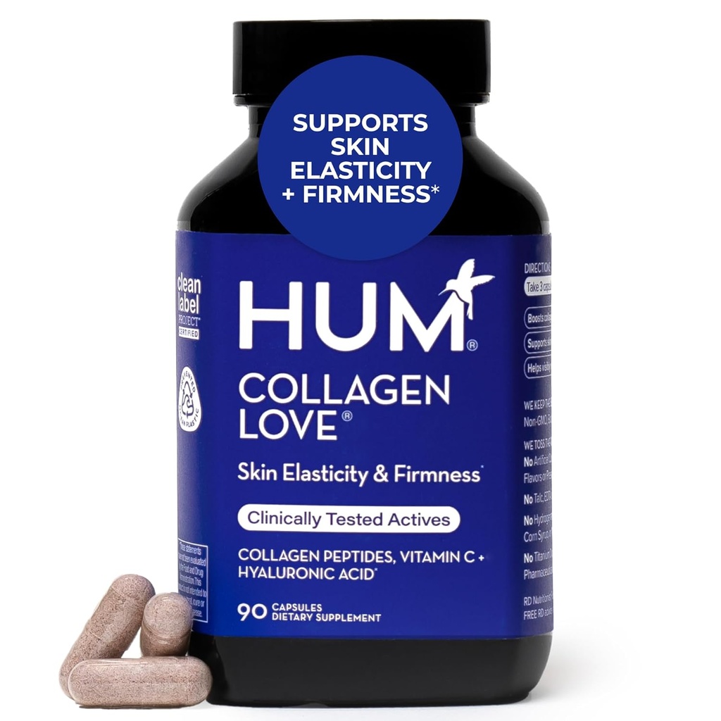 HUM Collagen Love Skin Supplement, Collagen Peptides Kapseln mit Hyaluronsäure & Vitamin C, unterstützt Firm Skin & Hilft Minimieren Anzeichen von Alterung, Beilagen für Frauen und Männer, 90 Kapseln