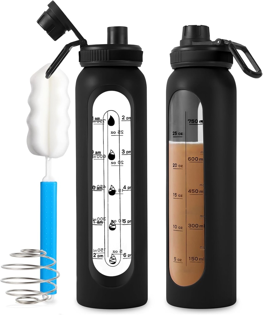 Frasco de vidro Shaker 34oz/1L Frasco de vidro preto Protein Shaker com Shaker Ball Garrafas grandes Shaker para mistura de proteínas Misturador de pó portátil Blender garrafa de água para esportes de ginástica