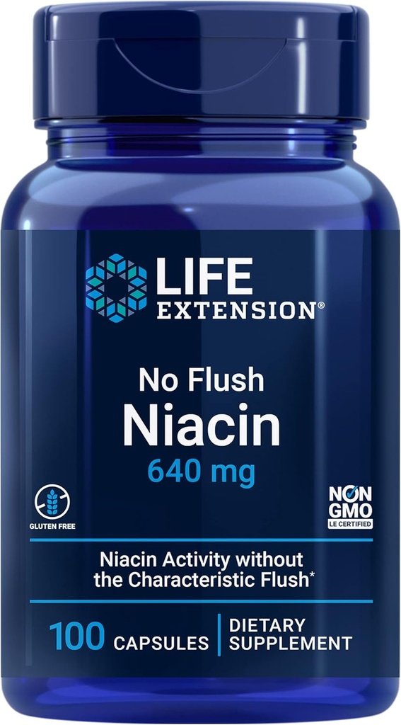 Nav life retension Nē Flush Niacin, B3 sirds veselībai, holesterīna un enerģijas atbalstam, bez GMO, bez lipekļa, 100 kapsulas