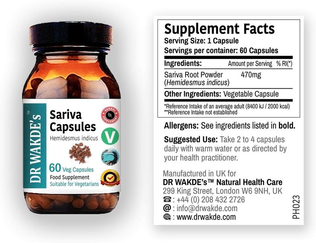 DR WAKDE'S Sariva Capsules (Anantomoola ) Hemidesmus indicus) ) 60 Veg Caps | Ayurvedic supplement | Vegan | 100% Herbal s Quantity Discounts | same Day Dispatch