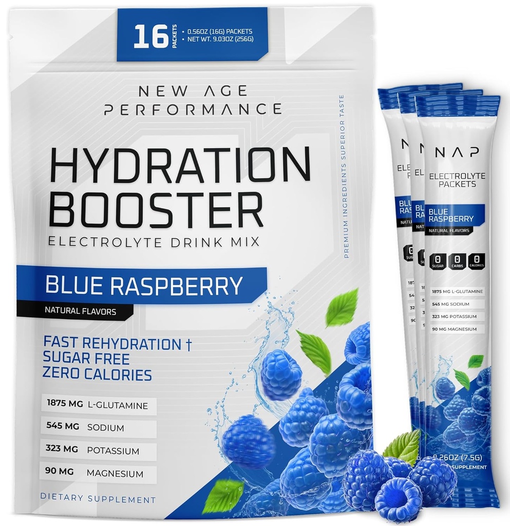New Age Performance Hydration Packets, Elektrolyte Pulverflüssigkeit Enhancer für Dehydration Relief, L-Glutamin Aminosäuren für Muskel-Workout-Recovery, Zucker Free & 0 Calorie, 16 Pack (Blauer Himbeer)