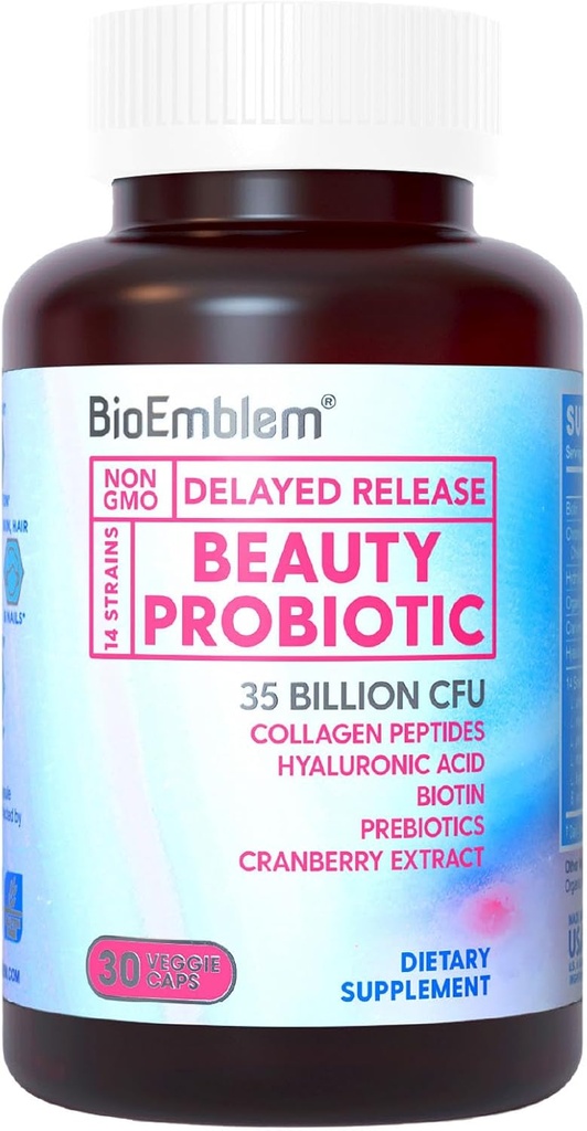 BioEmblem Beauty Probiotika for kvinner, 35 milliarder CFU 14 Strains med biotin, kollagen, Prebiotika for digestive helse, hårhud og negler, Vaginale Probiotika Supplement, Holdestabil, 30 Caps