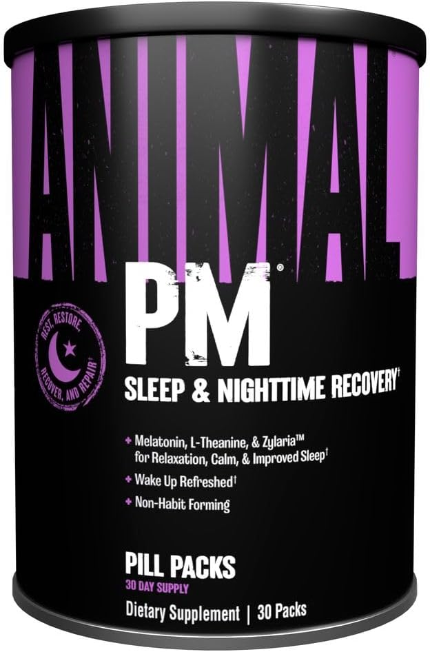 Animal PM - Sleep Aid for voksne ikke-Habit Forming Relaxing Enhancement og Mood Support med Melatonin, L-Theanin, Zylaria, Sink, Magnesium, vitamin B6, GABA + AKG Anabol Stack Supply, 30 Count