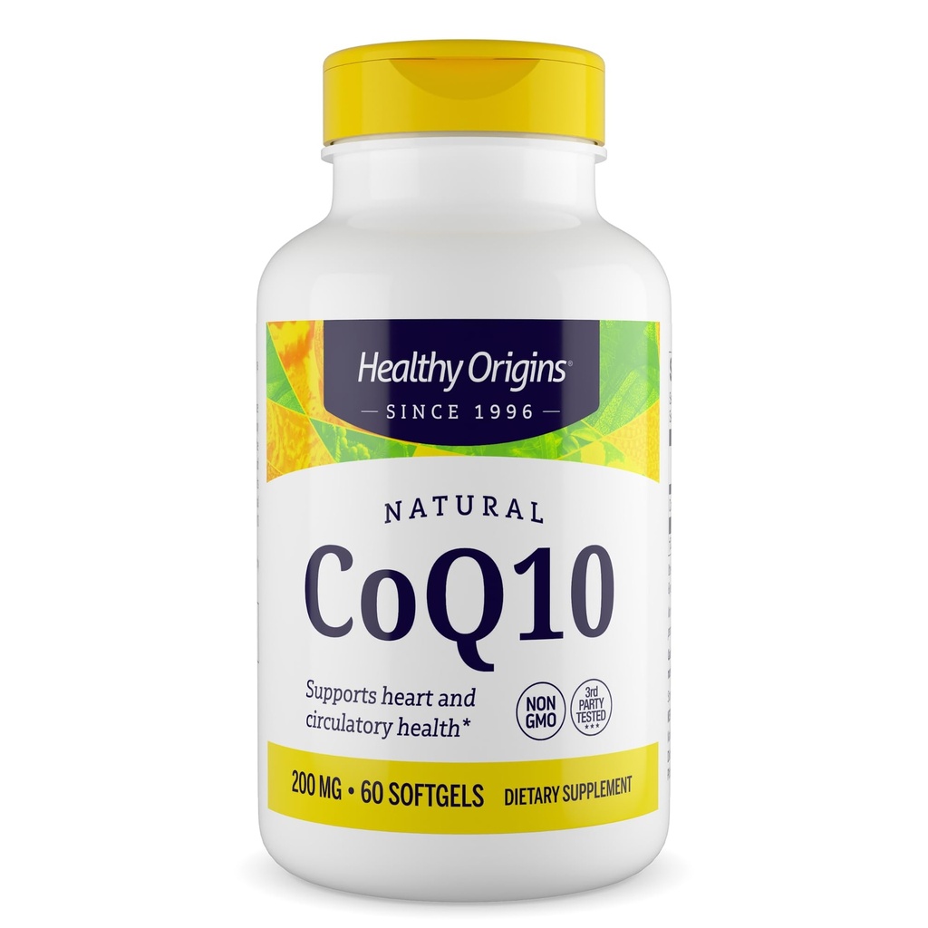 Healthy Origins CoQ10 200 mg, 60 Softgels - Natural Trans-Isomer Ubiquinone, Yeast Fermented High Bioavailability Coenzyme Q10 Supports Heart Health & Cellular Energy - Antioxidant Supplement