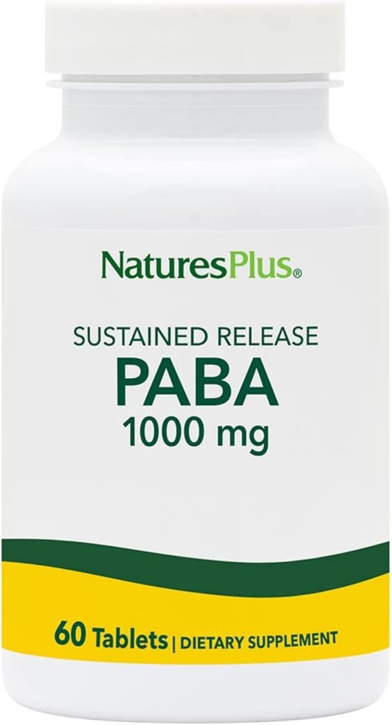 Natures Plus PABA, Sustained Release (para-Aminobenzoic Acid) - 1000 mg, 60 Vegetarian Tablets - Skin Health Support Supplement, Promotes Energy Production - Gluten-Free - 60 Servings