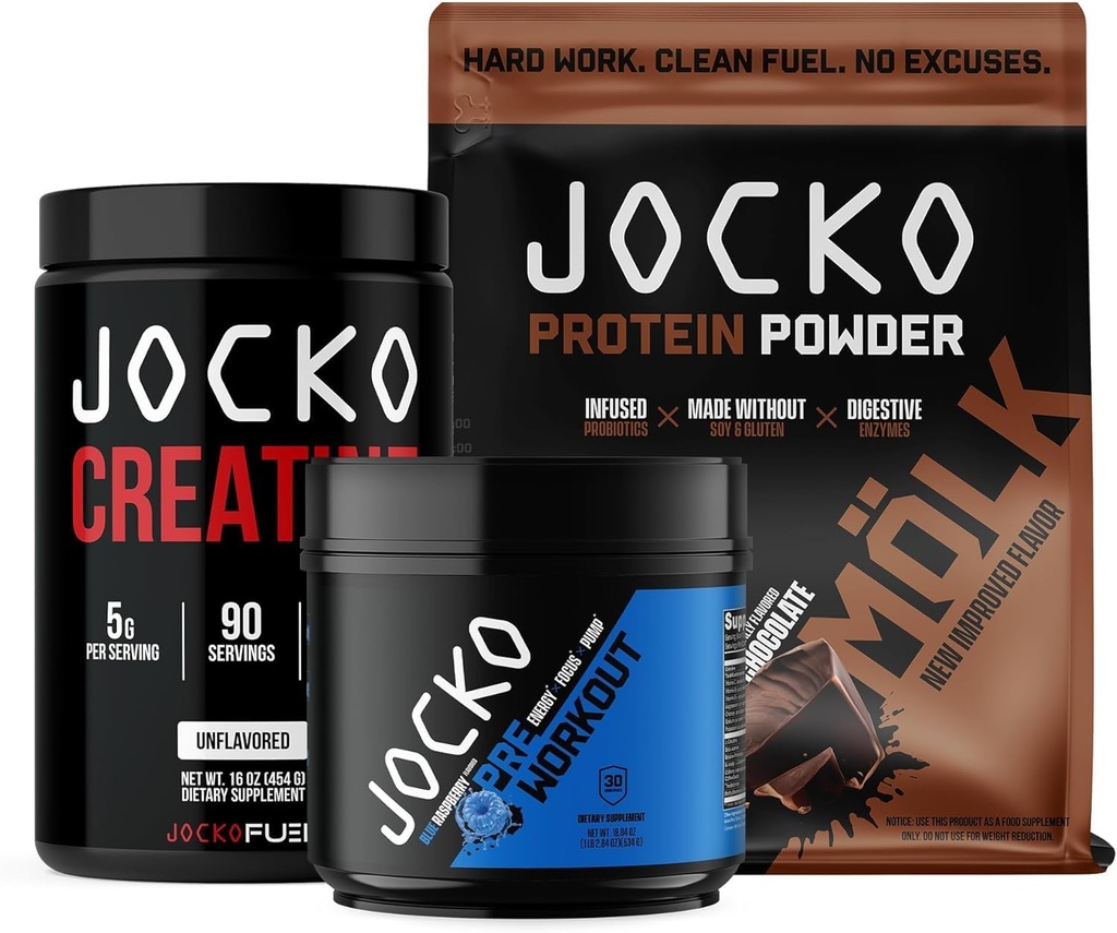 Jocko Fuel 3 Pack Gym Bundle - Creatine, Chocolate MOLK, & Blue Raspberry Pre Workout