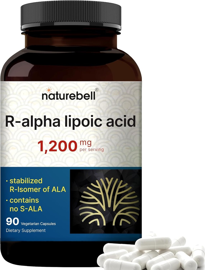 NatureBell R-Alpha Lipoic Acid, 1,200mg, 90 cápsulas Veggie | R-ALA só | Alta absorción e apoio antioxidante | Sen S-ALA | Non-GMO, Gluten-Free-GMO
