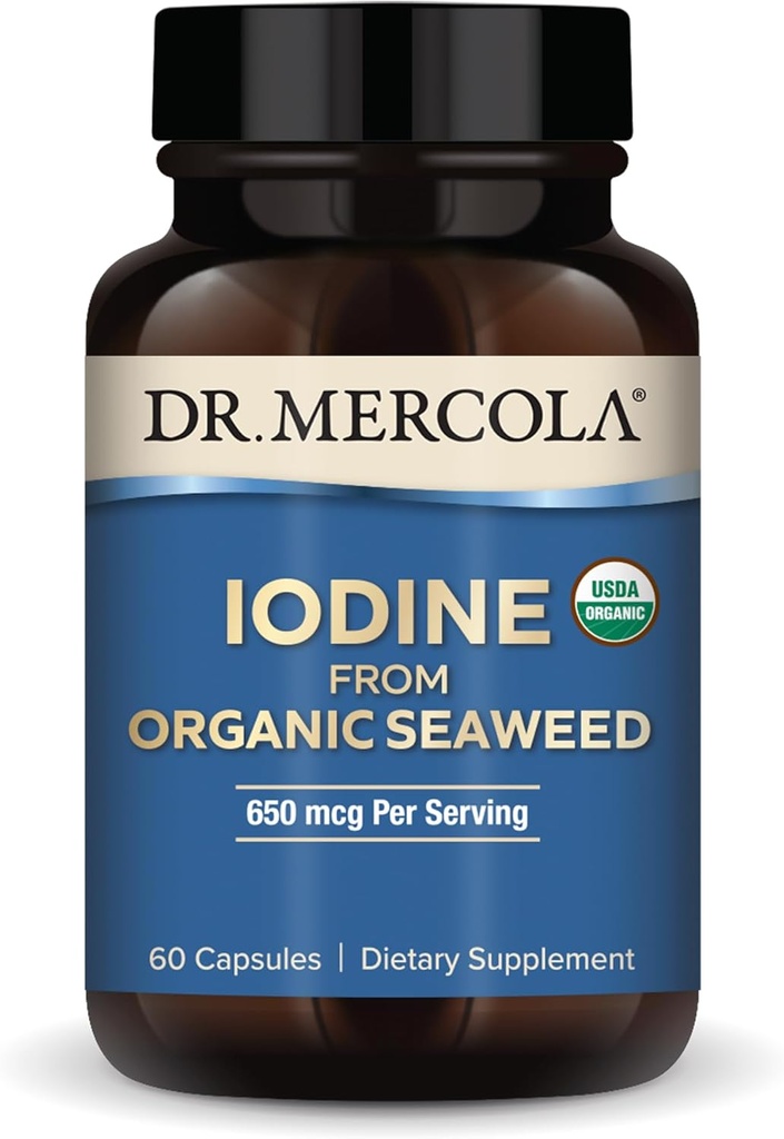 Dr. Mercola Iodine von Organic Seaweed, 650 mcg pro Servierung, 30 Servietten (60 Kapseln), Nahrungsergänzung, Schilddrüsen- und Energieunterstützung, Non-GMO, USDA Organic