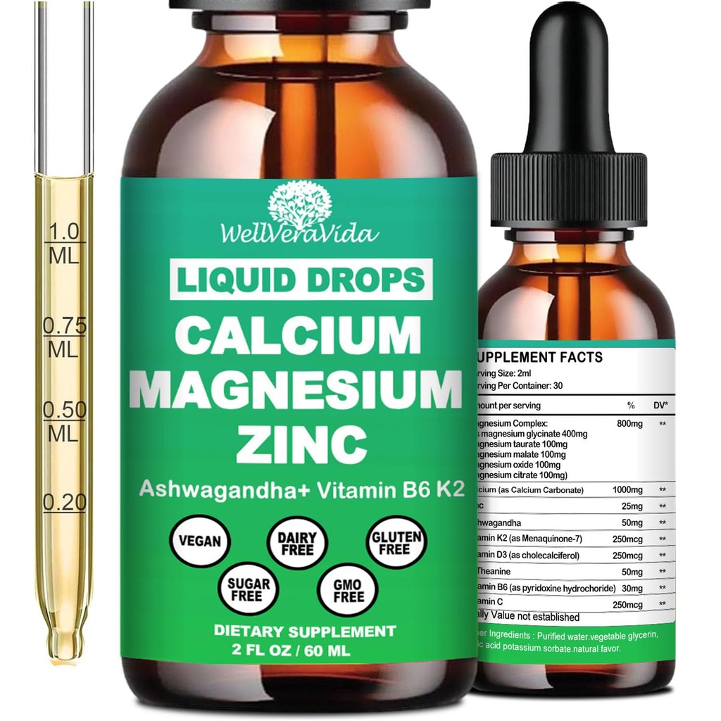 Calcium Magnesium Zinc Liquid Drops with Vitamin D3 K2, High Potency Calcium Magnesium Supplement w/Magnesium Complex, Zinc, Theanine丨Gluten Free丨 for Immune, Bone,Muscle, Mood & Sleep Support