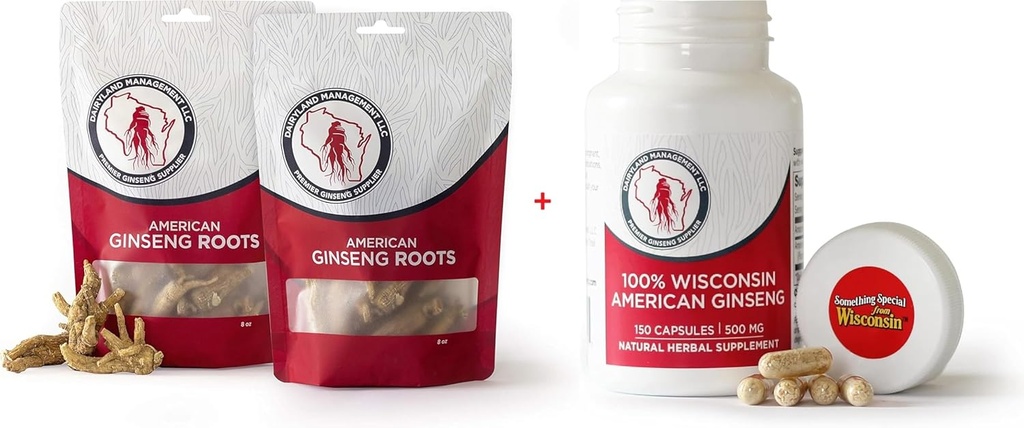 Dairyland American Ginseng Roots 16 oz and Capsules 150 ct Pack of Wisconsin Ginseng – Direct from Farmer to Consumer 西洋参