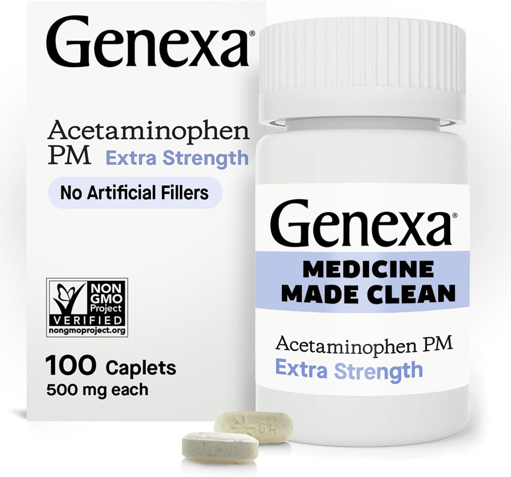 Genxa Clean Acetaminophen PM 500mg Ekstra Güc, Dye Free Ağrı Reliever, Nighttime Sleep Aid, Rəbbi Göstərici, 0% Ekspert, Relieves Headache, Backache, Minor Arthritis Ağrı, 100 Tablets