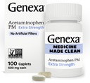 Genexa Clean Acetaminophen PM 500mg extra erő, Dye Free Pain Reliever, Alvástámogatás, Láz csökkentő, 0% Mesterséges adalékanyagok, Fejfájás, Hátfájás, enyhe ízületi fájdalom, 100 tabletta