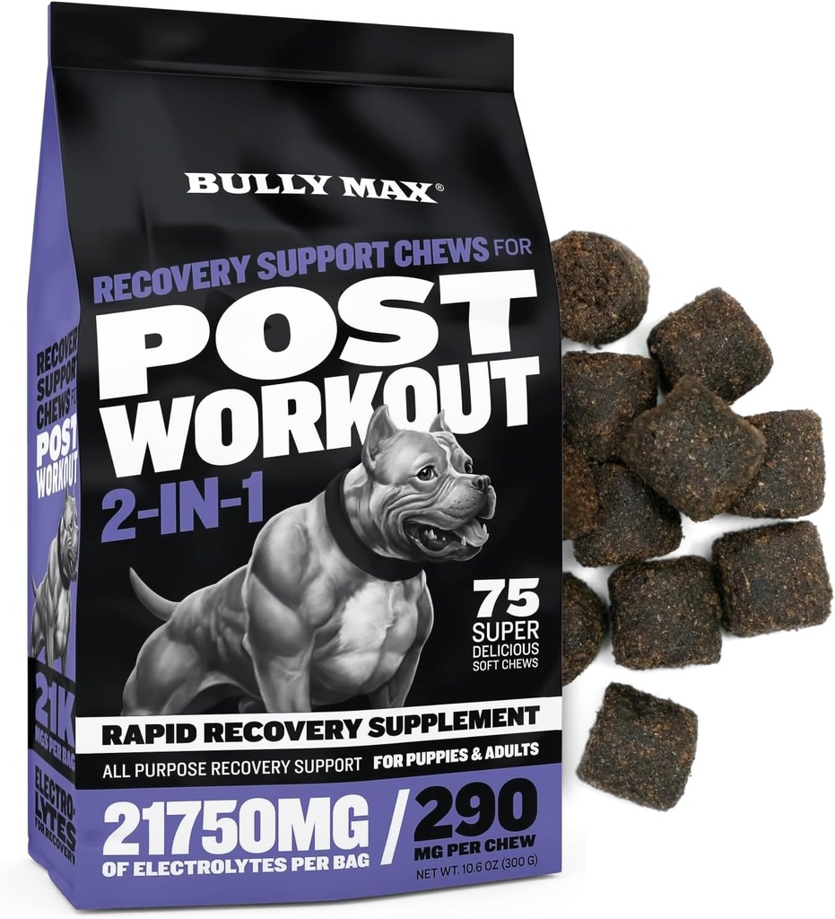 Bully Max 2-in-1 post-workout taastamise tugi närimiskummid - koera vitamiinid ja toidulisand väikestele ja suurtele tõugudele - kutsika ja täiskasvanud koera hüdreerimine ja elektrolüütide täiendamine - 75 pehmet ja maitsvat närimist