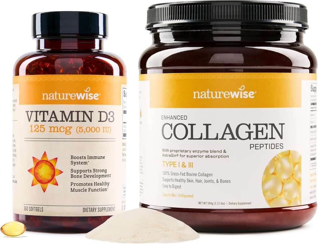 NaturalWise Vitamin D3 5000iu (125 mcg) 1 Sağlamlıq Muscle funksiyası üçün il təhlükəsiz Collagen Peptides (45 Xidmət) - Hidrolyzed Tip I & III