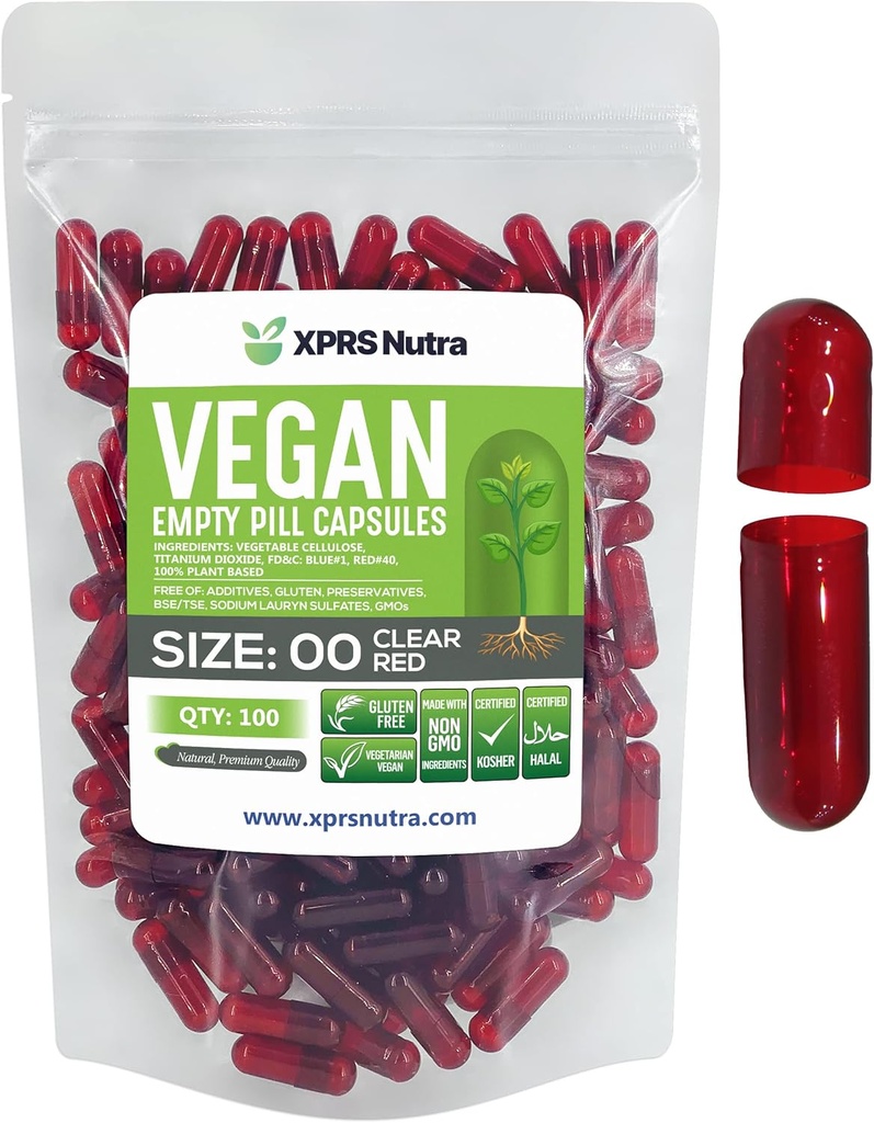 XPRS Nutra Størrelse 00 tomme kapsler - 100 telle tomme veganske kapsler - vegetariske tomme piller - DIY grønnsaker Capsule fylle-grønnsaker piller (clear Red)