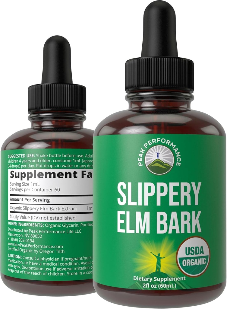 Slippery Elm Bark USDA Organic Vegan Liquid Drops. Utdrag med hög biotillgänglighet för kvinnor, män, barn. för öm hals, irriterad mage. Zero Sugar, Gluten Free, Tinkture Supplement No Capsules