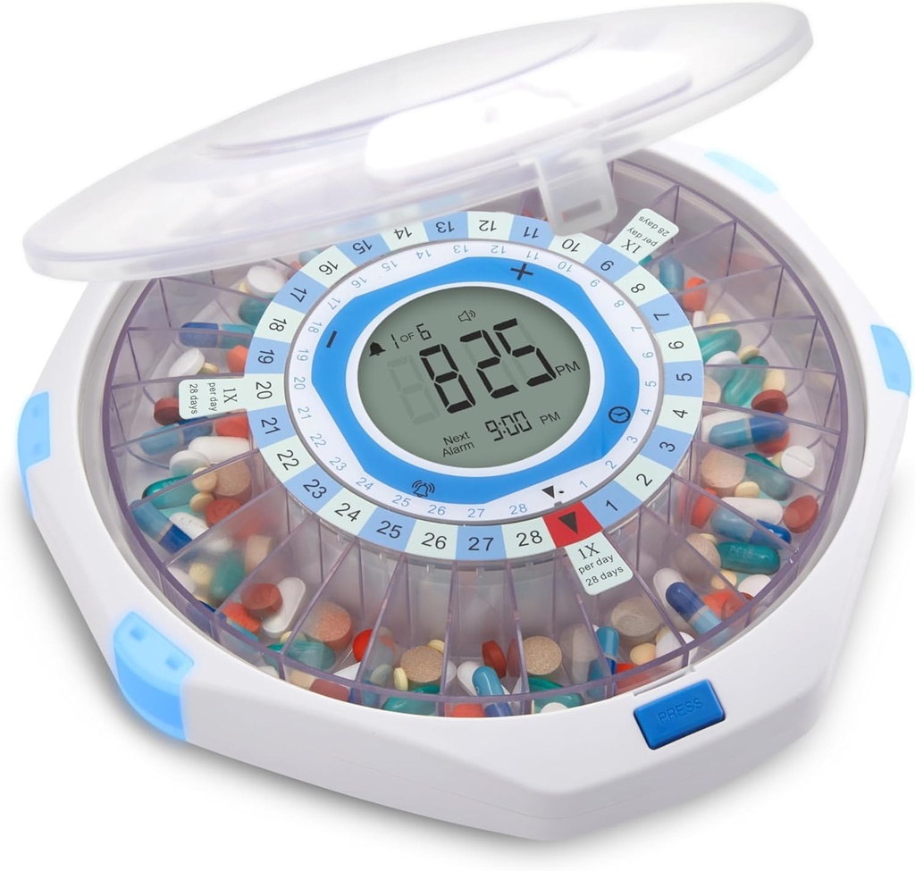 LiveFine WiFi Automatic Pilula Dispenser și sistem de monitorizare a medicației la distanță cu tasta de blocare, 28-Day Medication Organizator până la 9 Doze Per, Ajustabile Alarme de lumină/sound pentru prescripții și Vitami