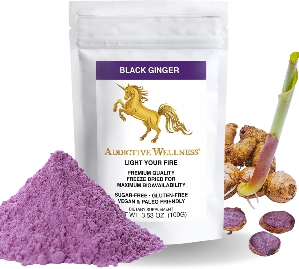 Bien-être addictif Ginger noir thaïlandais pour les hommes, supplément de ginger noir thaïlandais pour soutenir le métabolisme de l'énergie, l'endurance et la performance, Freeze poudre de ginger noir séché, 100 Grams, Vegan & Paleo