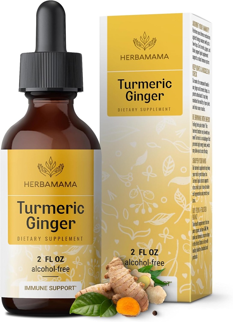 HERBAMAMA Turmeric Curcumin 및 Ginger Supplement - 액체 생강 뿌리와 Vegan Immune 혼합, Turmeric & Black Pepper Extract - Non-GMO, 알코올 및 Sugar-Free Immunity Drop