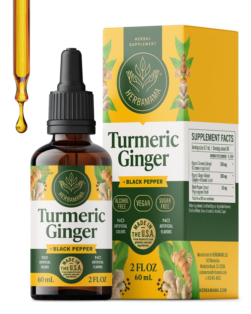HERBAMAMA Turmeric and Ginger Supplement – Turmeric with Black Pepper & Ginger Root for Digestive Health – Turmeric Ginger Supplements for Immune Support – Non-GMO, Alcohol & Sugar-Free, 28-Day Supply