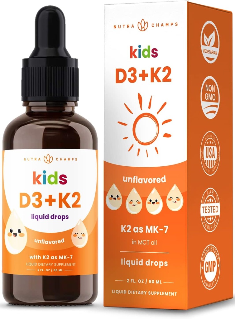 NutraChamps Kids Vitamina D 3 K2 Drops, vitamina D3 e K2 MK-7, vitamina D líquida para nenos 1000 IU, ósos saudables, corazón e sistema inmunitario, suplementos de azucre para Toddlers, 300 servizos