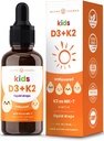 NutraChamps Kids Vitamina D 3 K2 Drops, vitamina D3 e K2 MK-7, vitamina D líquida para nenos 1000 IU, ósos saudables, corazón e sistema inmunitario, suplementos de azucre para Toddlers, 300 servizos