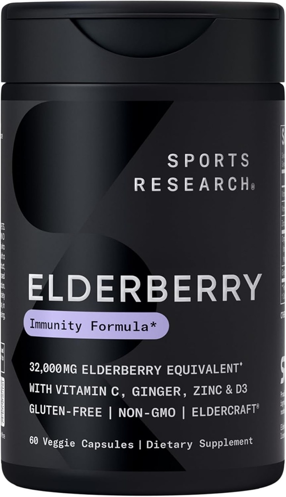 Cercetare sportivă Black Elderberry cu zinc, vitamina C, & vitamina D, supliment de sprijin imun pentru adulți, 60 capsule