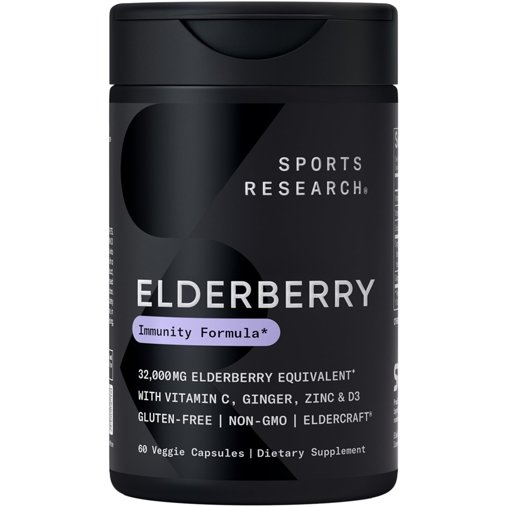Sports Research® Elderberry Immune Support with Zinc, Ginger, Vitamin C & D3 - Vegan Friendly · Non-GMO · Gluten Free - 60 Veggie Capsules