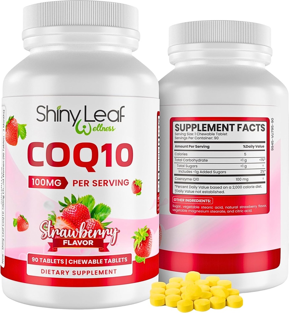 Shiny Leaf CoQ10 100mg - Chewable CoQ10 Supplemento - Coenzyme Q10 per la salute e l'energia del cuore - Natural Co Q 10 Supplemento per il benessere cardiovascolare - 100mg Chewable Tablets, 90 compresse, Made in USA
