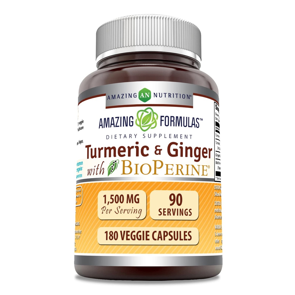 Amazing Formulas Turmeric Curcumin & Ginger with BioPerine Supplement | 1500 Mg Per Serving | 180 Veggie Capsules | Non-GMO | Gluten Free | Made in USA | Ideal for Vegetarians