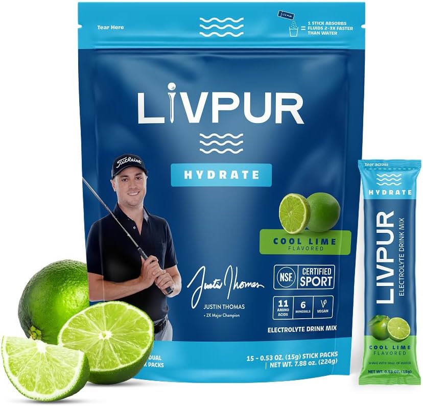 LivPur Elektrolītu Drink Mix, Instant Hydration Pulveris ar vitamīnu C, B6, B12 & Essential Aminoskābes muskuļu atbalstam un imūnās veselības, sporta essentials, Cool Laima Flavor, 15 Stick iepakojumi