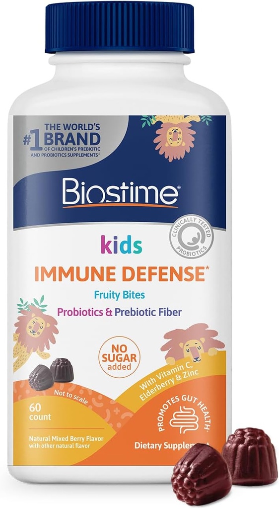 Biostime Kids immune support gummies)(Ages 4+) ) Includes Vitamins DC + Zinc ' Probiotics | No Added Sugar sKids Immune Defense Fruity Bites | free from top 9 allergens | 60 count