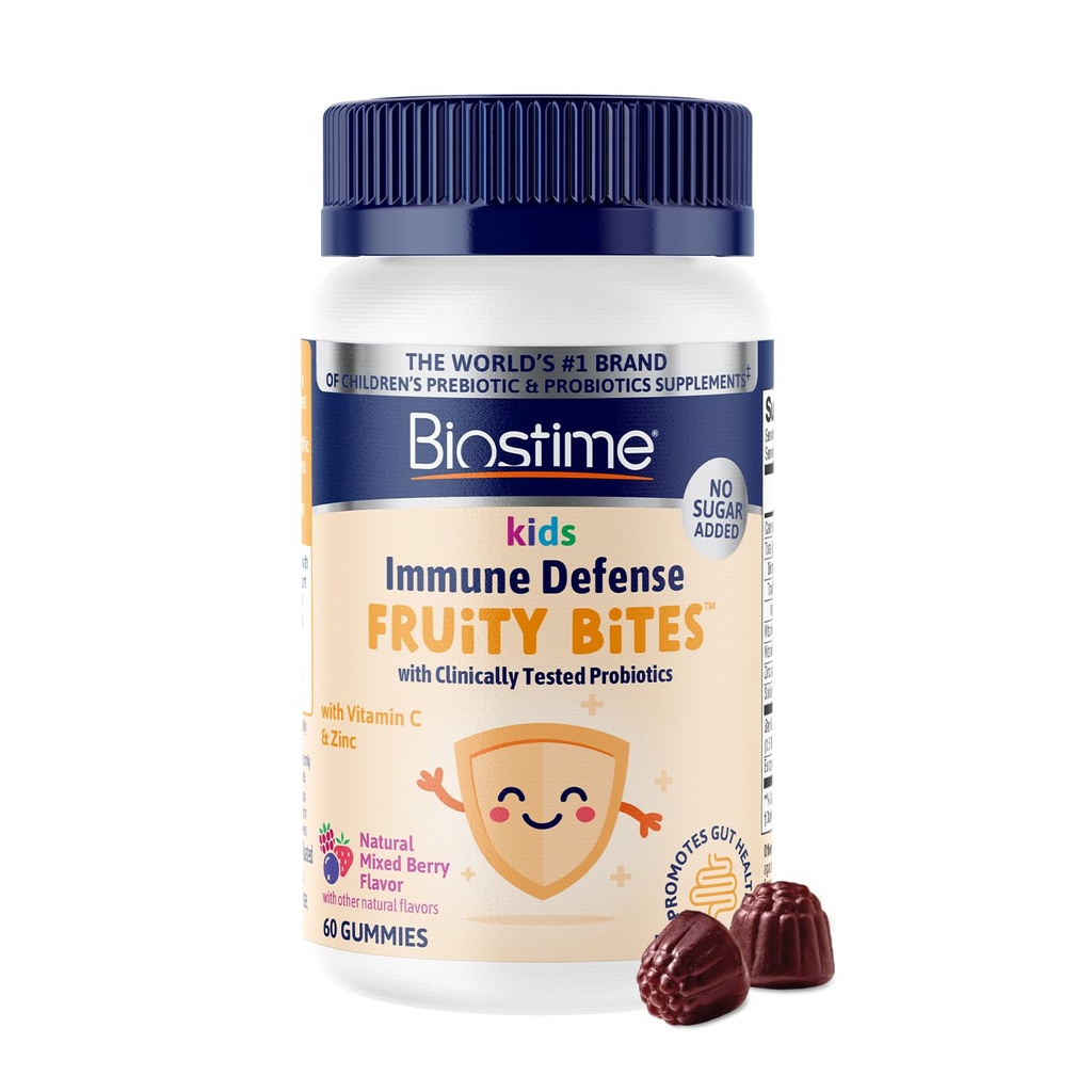 Biostime Kids immune support gummies|(Ages 4+) | Includes Vitamins D&C + Zinc & Probiotics | No Added Sugar |Kids Immune Defense Fruity Bites | Free from top 9 allergens | 60 Count