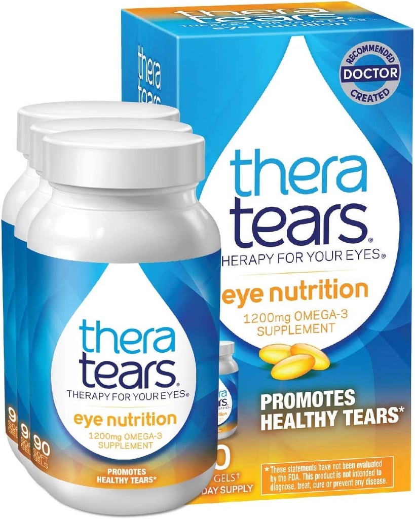 TheraTears 1200mg Omega 3 Supplement for Eye Nutrition, Organic Flaxseed Triglyceride Fish Oil and Vitamin E, 90 Count (Pack of 3)