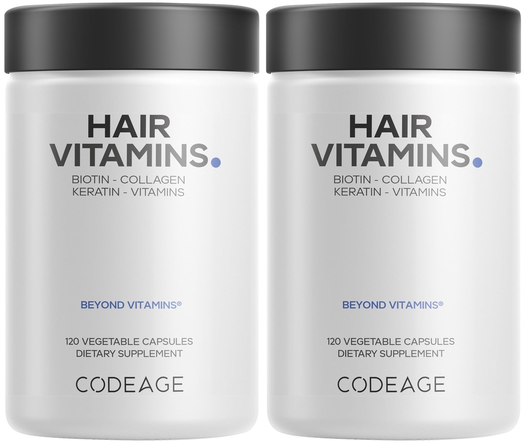 Codeage Hair Vitamins 10000 mcg Biotin, Keratin, Collagen, Vitamin A, B12, C, D3, E, Zinc, Turmeric, Probiotics, Enzymes, Inositol - Hair Care Support - Healthy Hair Supplement Pills - 2 Pack