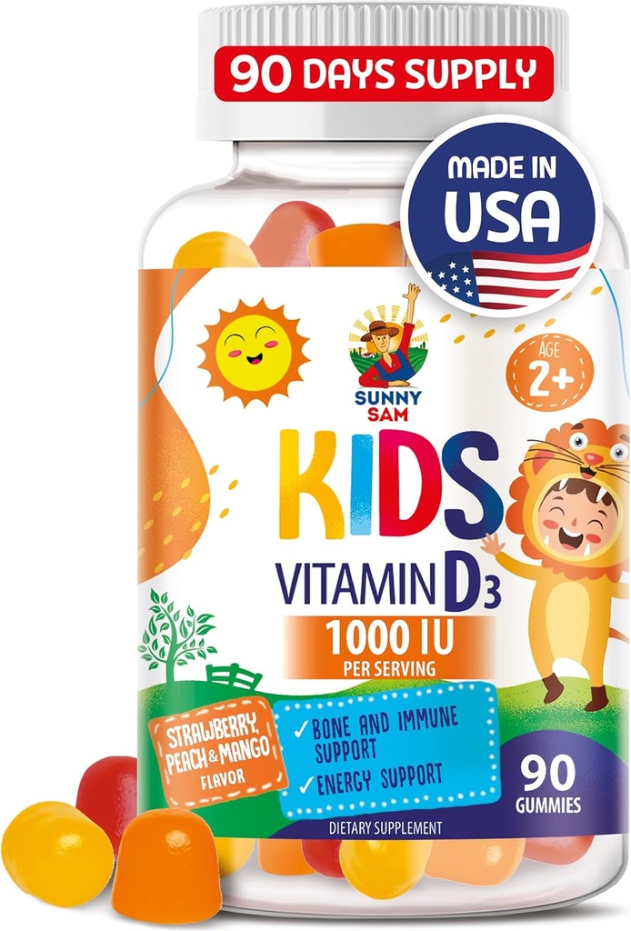SUNNY SAM Vitamin D3 Gummies 1000 IU pro děti a dospělé - Imunitní podpůrné žvýkačky s přírodními příchutí - Vegetariánské, želatinové-volné imunitní podpůrné vitamíny pro děti