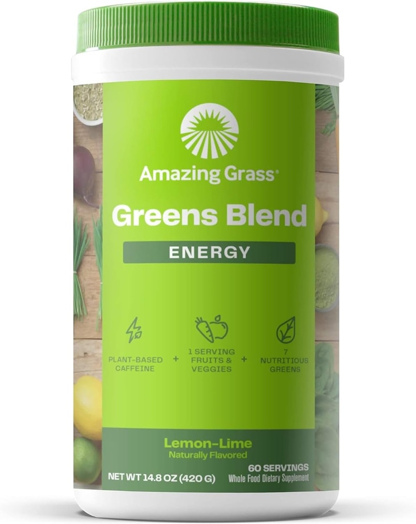 Amazing Grass Greens Blend Energy: Smoothie Mix, Super Green Powder & Plant Based Caffeine with Matcha Green Tea & Beet Root Powder, Lemon Lime, 60 Servings (Balení May Vars)