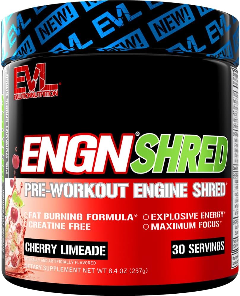 EVL Ultimate Pre Workout Powder - Thermogenic Fat Burner Pretraining Powder Minuman untuk Lasting Energi Fokus dan Stamina - ENGN Shred Intense Fat Burning Creatine Free Pretraining Drink - Cherry Limeade
