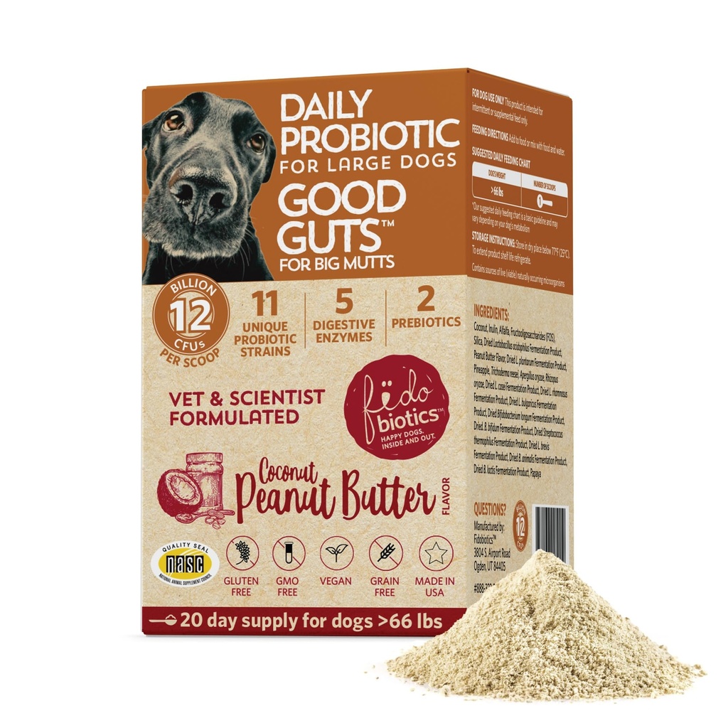 Fidobiotics Good Guts Probiotics for Dogs – Dog Probiotic Powder for Digestive Health, Gas Relief & Firmer Stools, 12B CFUs, Enzymes & Prebiotics, Large Dogs, Puppies & Adults