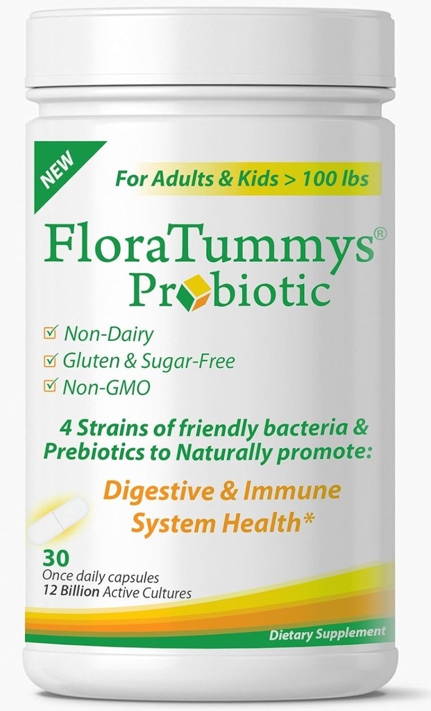 FloraTummys 여성, 남성 및 어린이를위한 최고의 Probiotic. 12 억 CFU, 4 Probiotic Strains, Prebiotics, Non-GMO, Kosher, Non-Dairy, 글루텐 무료, 설탕 무료, 미국에서 만든