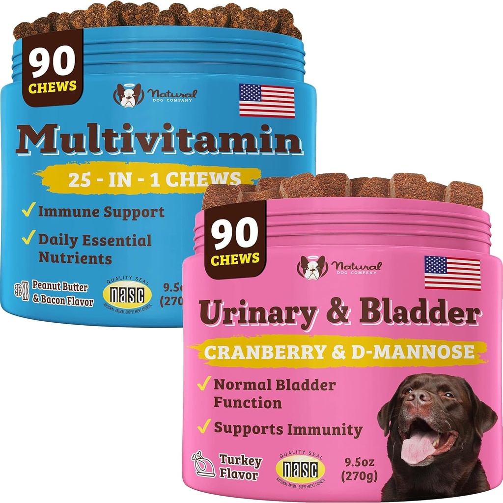 Natural Dog Company Urinary and Multivitamin Bundle - Supports Urinary Tract, Immune System, Joint Health, and Energy - Essential Chews for Dogs' Overall Well-Being and Vitality
