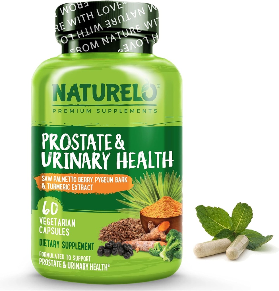 NATURELO Prostate & Urinary Health, Comprehensive Formula with Saw Palmetto, Pygeum, Tumeric, Plant Sterols, Brokolica a Lycopene, 60 Vegetariánskych kapsúl