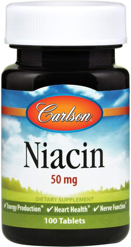 Carlson - Niacin, 50 mg, apoya el metabolismo del colesterol, producción de energía, salud cardíaca, función nerviosa, 100 tabletas