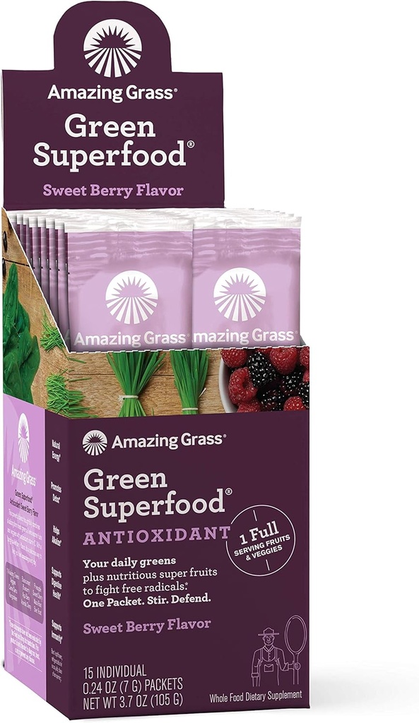 Increïble d' Gras Green Superfooxant: Super Verds Powder amb Spirulina, Elderberberberry i Probiotics, Sweet Berry, 15 Servings