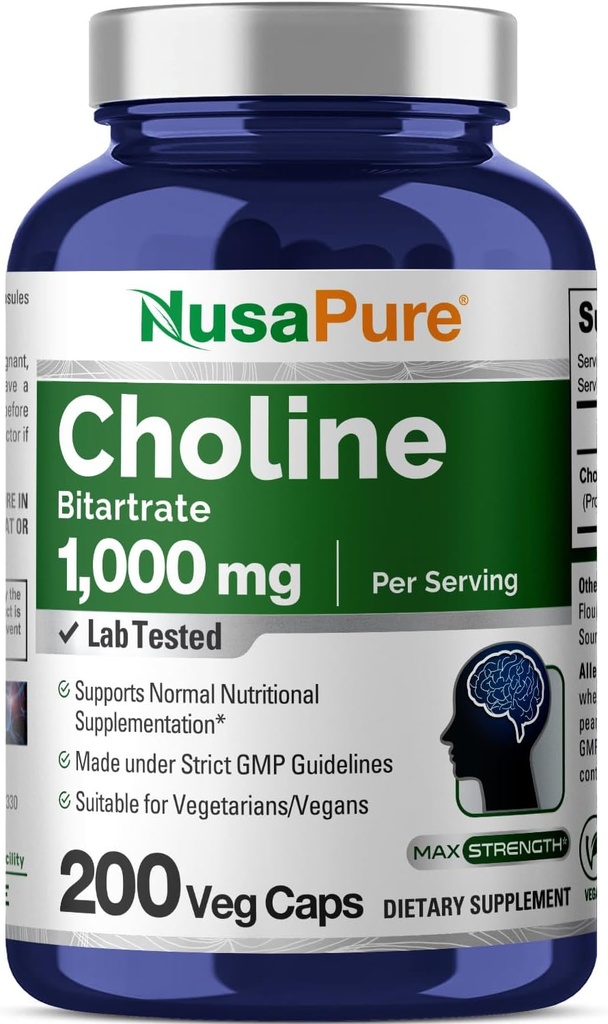 NusaPure Choline Bitartrate 1000 mg 200 Veggie Kapseln (Vegan Vegetarisch, Non-GMO)