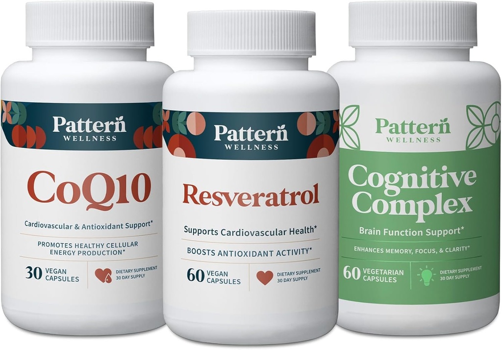 Padrão bem-estar saudável Envelhecimento Bundle - CoQ10, Resveratrol, Cognitive Complex - Promove Timeless Saúde & Bem-Estar - 3 Pack, All-Natural, Vegan-Friendly Fórmulas