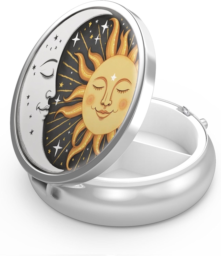 Pillerilaatikko 3 Osa Pieni pilleri tapauksessa,Portable Pocket tai kukkaro pilleri Organizer pilleri säiliö Hold Vitamiinit, Lääkkeet, Kalaöljy ja lisäravinteet(Sun and Moon)