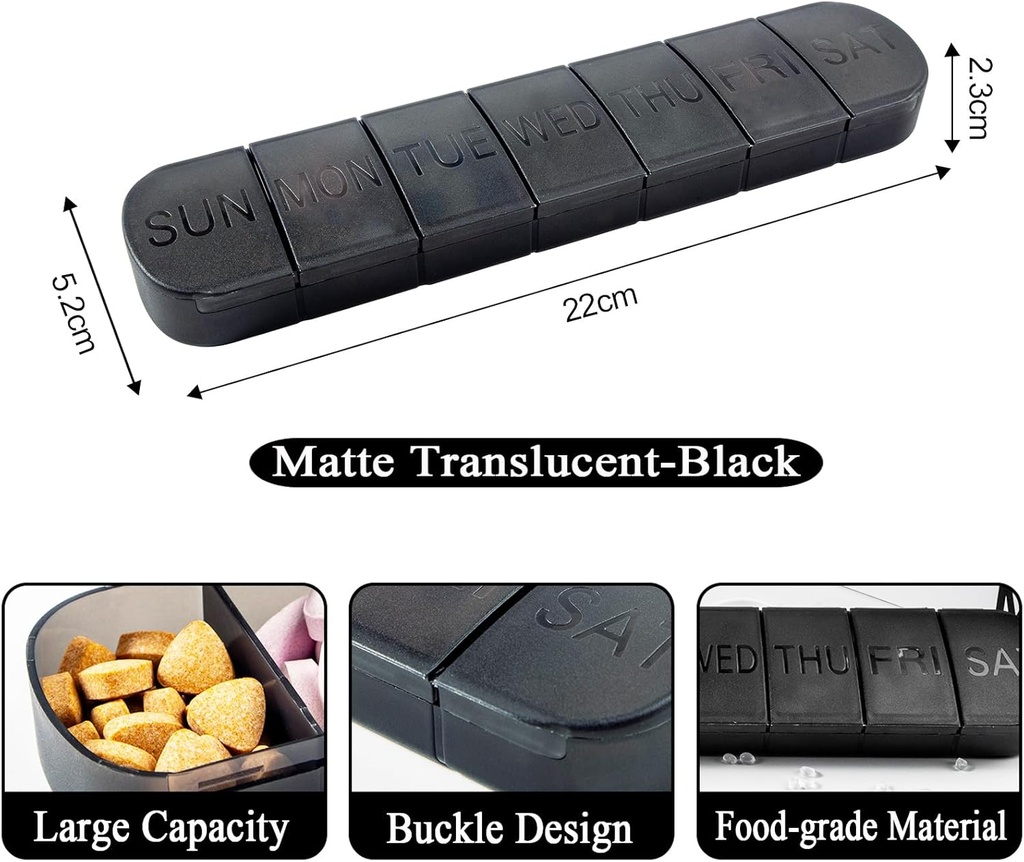 Organizator tablete velik, tedenski 7-dnevni vitamini Dispenzer primera, Matte Black, potovalne tablete tablete tablete vsebnik za zdravila, Meds in minerali, dodatki, ribje olje, kapsule, tableta