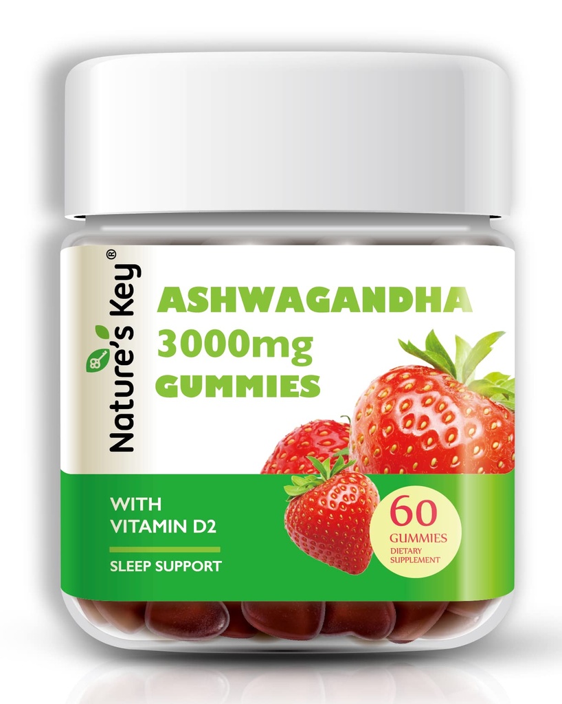 Nature's Key Ashwagandha Gummies, 3000mg High Potency Ashwagandha Root Extract with Vitamin D2, Stress, Calm Mood & Cognition, for Men & Women, Strawberry Flavor (60 Count (Pack of 1)